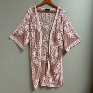 Womens Sheer Mesh Embroidered Kimono Size L Coquette Fairy Festival Hippie Boho